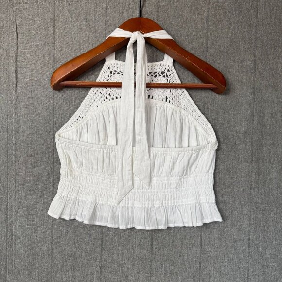 Lucky Brand White Cotton Crochet Collar Halter Neck Shirred Waist Peplum Top - Picture 7 of 13